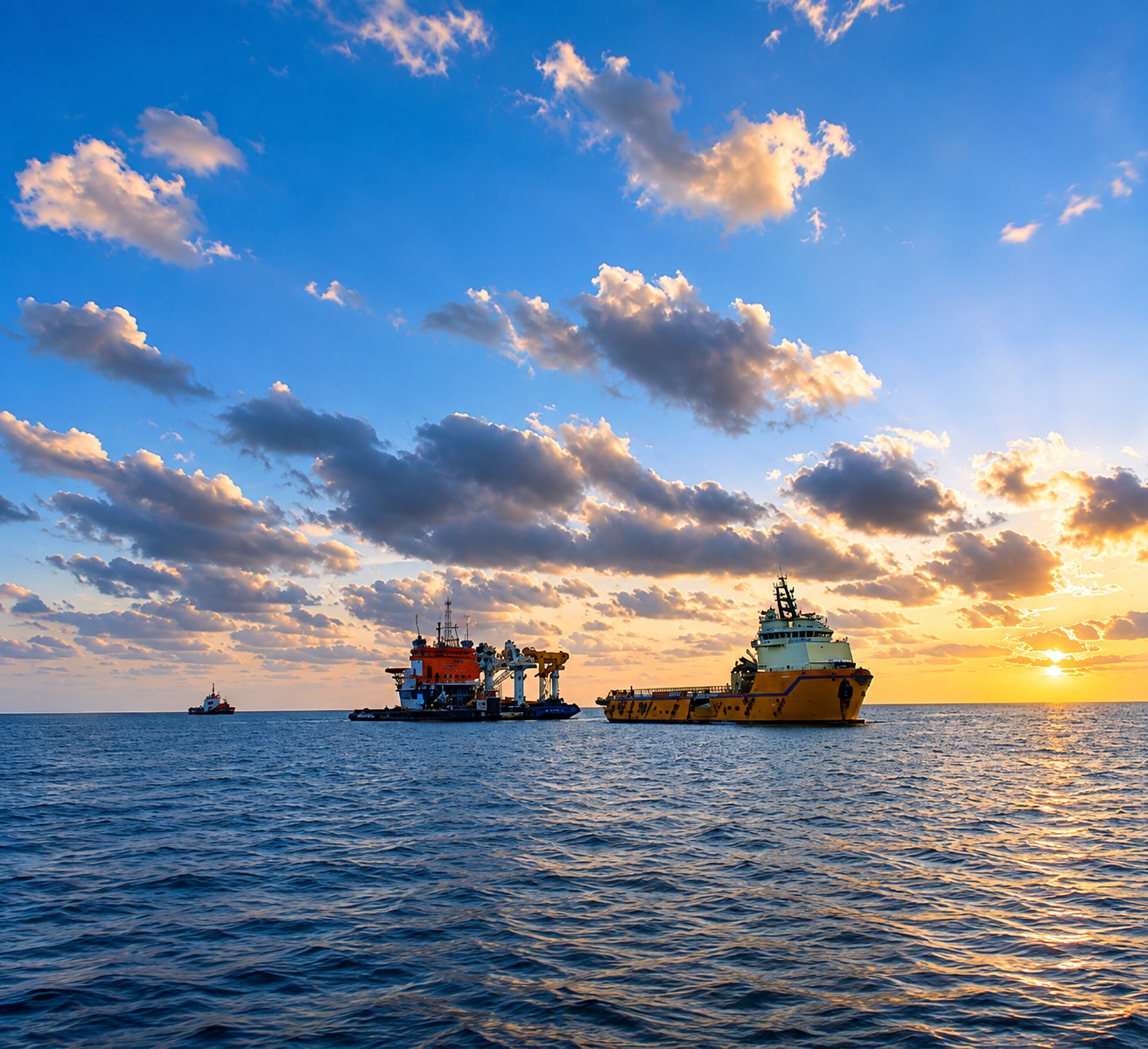 C.S. Offshore FZCO offshore support vessels at sunset during fleet operations