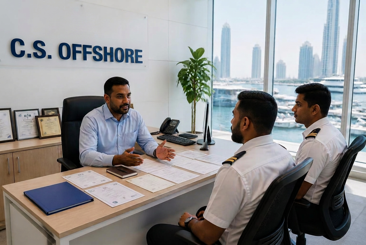 C.S. Offshore FZCO crewing team briefing officers in the Dubai office